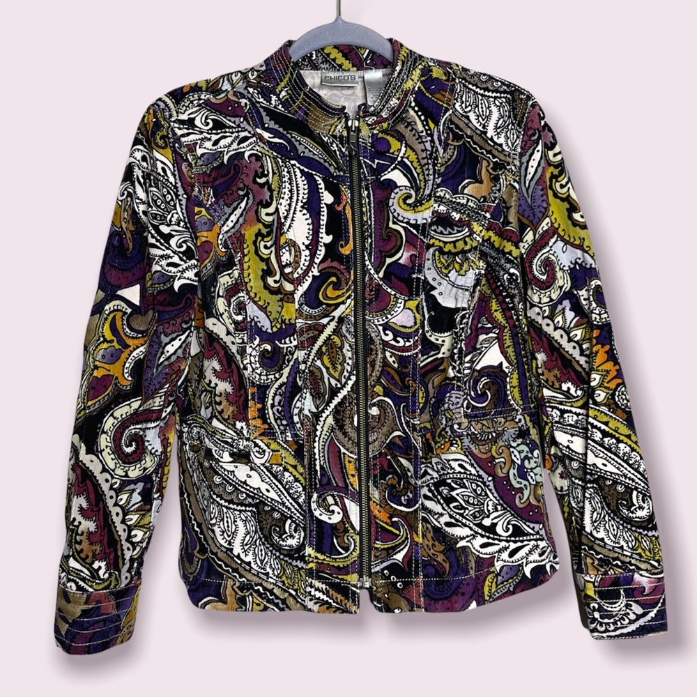 CHICO'S SZ 0 PAISLEY COTTON JACKET BLAZER  CORDUROY ETHNIC PURPLE FULL ZIP